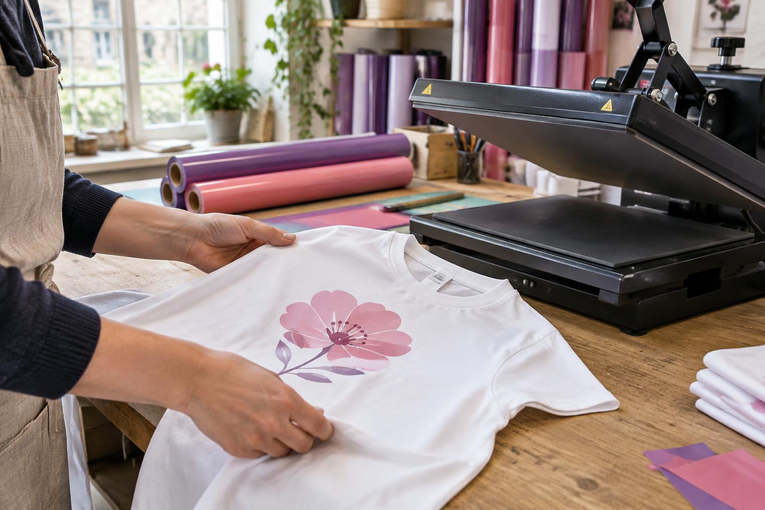 Illustration du travail artisanal de personnalisation textile à la presse à chaud