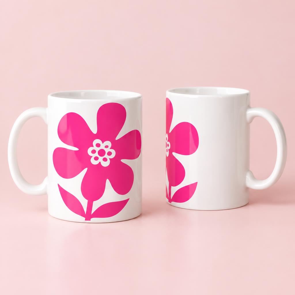 Illustration de mugs blancs personnalisés avec un motif rose